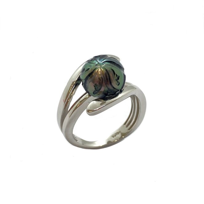 Bague en argent rhodié 925 avec perle gravée