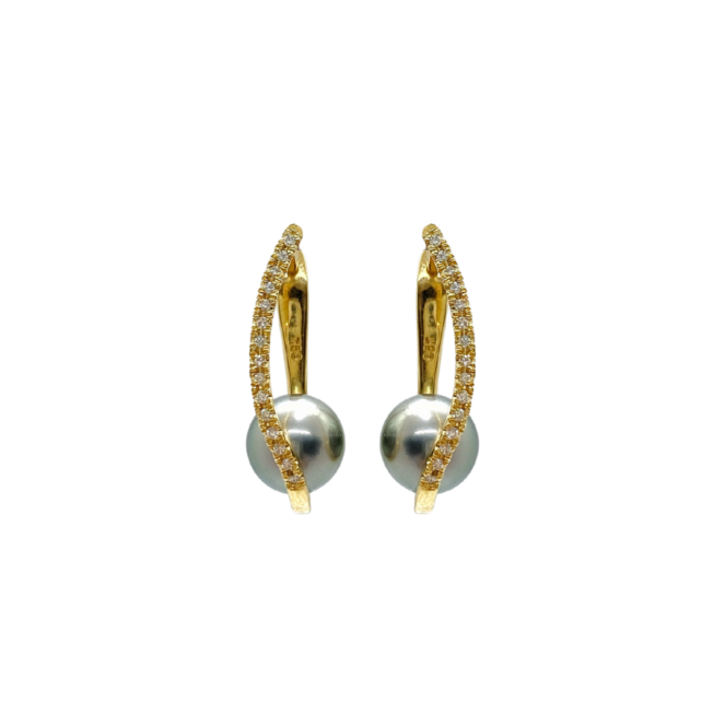 Boucles d'oreilles en or jaune et diamants système dormeuses, avec perle de culture de Tahiti