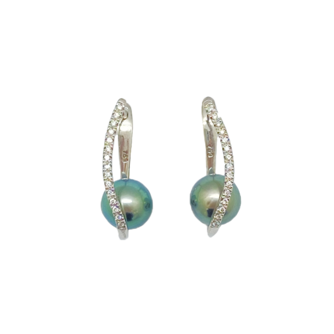 Boucles d'oreilles en or blanc et diamants système dormeuses, avec perle de culture de Tahiti