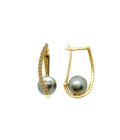Boucles d'oreilles en or jaune et diamants système dormeuses, avec perle de culture de Tahiti