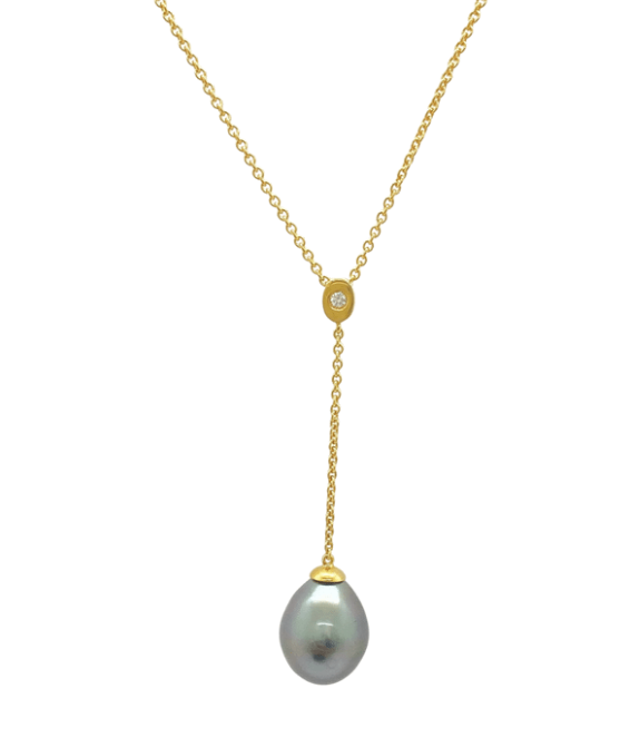 Collier chaîne en or jaune 18 carats et diamant avec perle de culture de Tahiti forme goutte