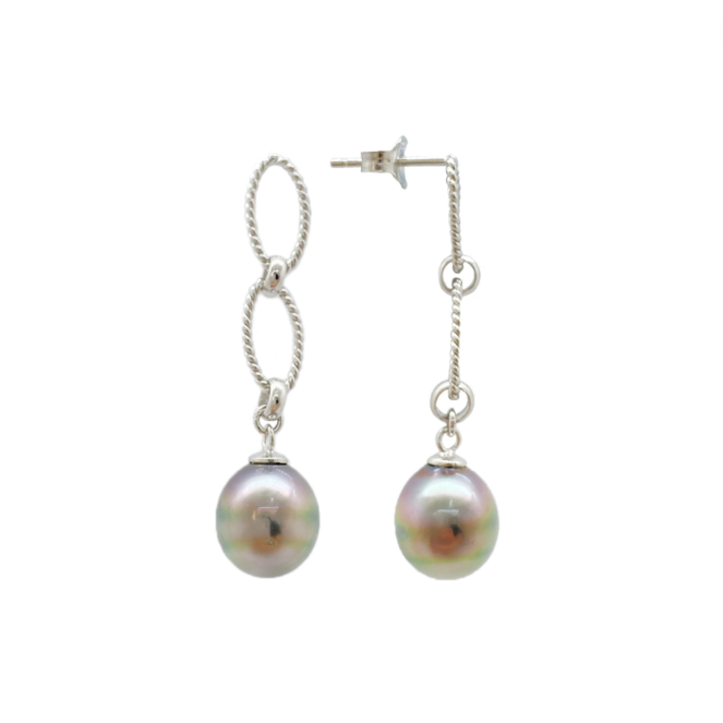 Boucles d'oreilles pendantes argent rhodié 925, système poussettes et perles de culture de tahiti