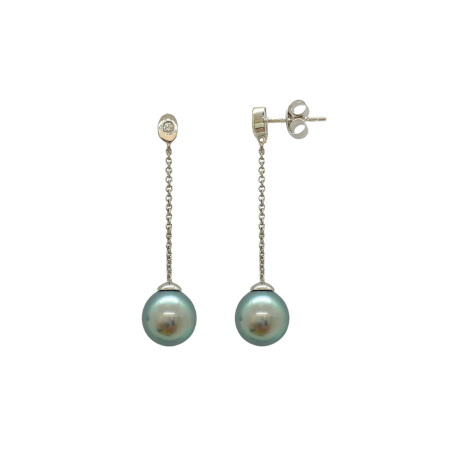 Boucles d'oreilles pendantes en or blanc 18 carats et diamants avec perle de culture de Tahiti