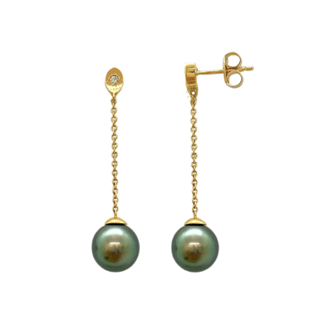 Boucles d'oreilles pendantes en or jaune 18 carats et diamants sur système poussettes avec perles de culture de Tahiti
