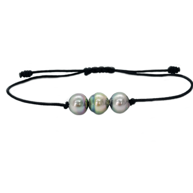 Bracelet noeud plat en cordon noir avec perles de culture de Tahiti