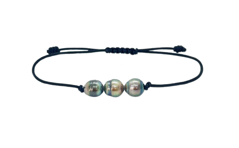 Bracelet noeud plat en cordon noir avec perles de culture de Tahiti