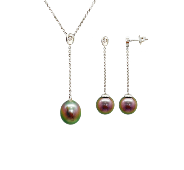 Parure avec chaîne en argent rhodié 925 et oxyde de zirconium avec perles de culture de Tahiti