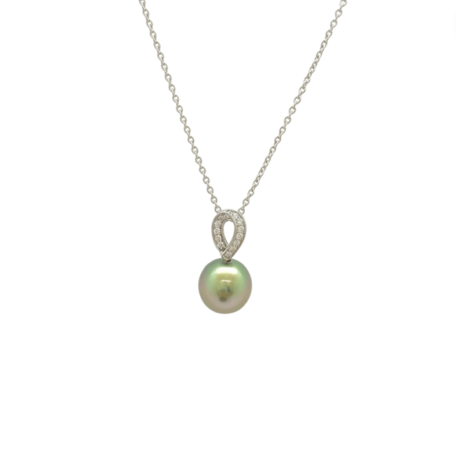 Pendentif or blanc et diamants avec perle de culture de Tahiti