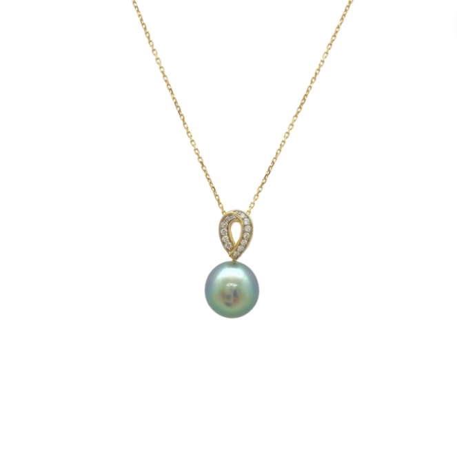 Pendentif avec bélière fixe en or jaune 18 carats et diamants avec perle de culture de Tahiti