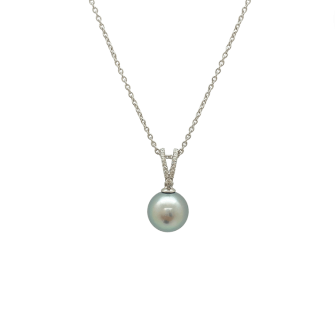 Pendentif avec bélière mobile en or blanc 18 carats et diamants avec perle de culture de Tahiti