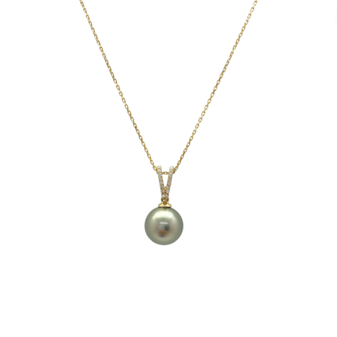 Pendentif avec bélière fixe en or jaune 18 carats et diamants avec perle de culture de Tahiti
